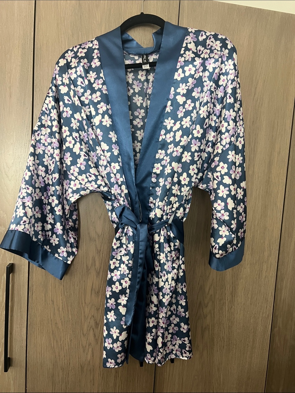Adore Me Navy Satin Floral Robe with White & Pink Blossoms
